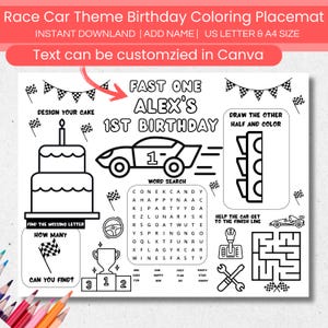 Editable Race Car Birthday Party Activity Placemat Coloring Sheet, Printable Race Car Birthday Party Game, Kids Party Favor Coloring Page