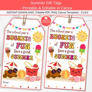 End of Year Gift Tag for Sand Bucket of Fun Printable, Editable Summer Beach Gift Basket, Teacher Appreciation School Class Party Favor Tag