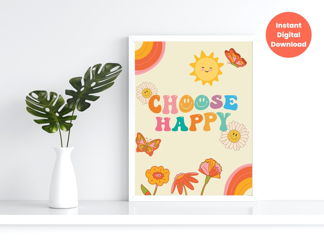 Choose Happy Motivational Poster Colorful Wall Art, Printable Quote ...