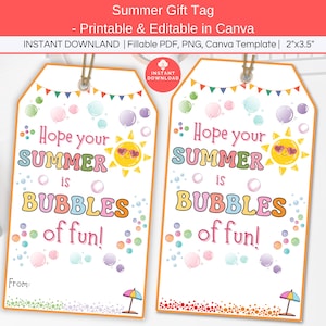 Etiquetas de regalo editables e imprimibles de burbujas de verano, etiqueta de burbuja de diversión, etiquetas de fin de año escolar, etiquetas de recuerdo para niños de la escuela, vacaciones de verano y aula.