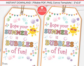 Summer Bubbles Editable Printable Gift Tags, Bubble of Fun Tag, End of school Year Tags Summer Vacation Classroom Kids School Favor Tags