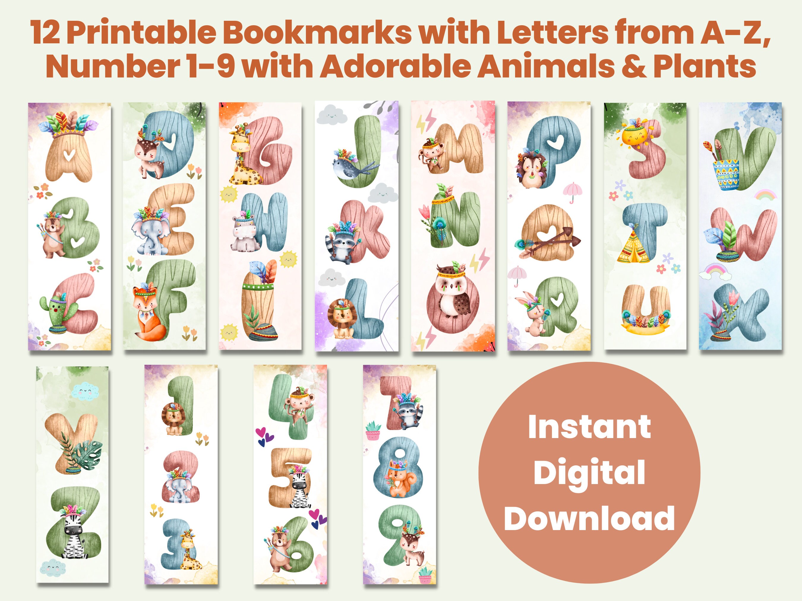 12 Cute Printable Bookmark for Kids, Watercolor Animal Floral Bookmarks ...