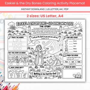 Puede incluir: Un mantel individual de actividades para colorear en blanco y negro titulado Ezekiel & The Dry Bones - God Brings New Life. Presenta una ilustración central de una persona ante huesos dispersos, rodeada de textos, ejercicios y juegos.