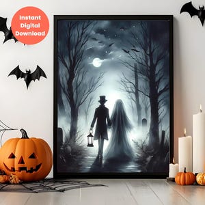 Ghost Couple in Dark Forest Halloween Wall Art Printable, Ghost Print, Spooky Ghost Wall Art, Ghost Print Download, Romantic Ghosts Art