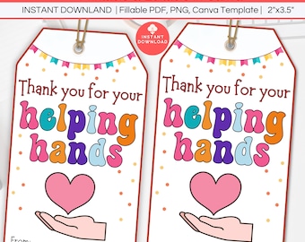 Etiqueta de regalo "Gracias por tu ayuda", etiqueta de regalo imprimible para agradecer a compañeros de trabajo, voluntarios y empleados, regalo para manicura con crema de manos y jabón