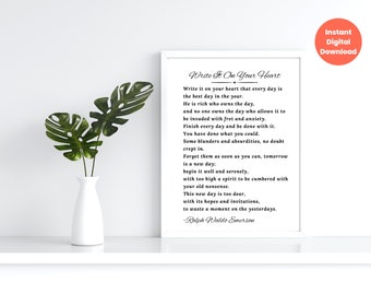 Schrijf het op je hart afdrukbaar gedicht kunst aan de muur, citaat van Ralph Waldo Emerson, inspirerende muurkunst, slaapzaal muur decor, afdrukbare citaat kunst