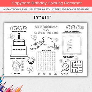 Capybara Birthday Party Coloring Page Activity Placemat Editable, Capy ...