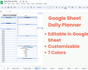 Daily Planner Google Sheet in 7 Colors, Hourly Scheudle, To Do List, Water Tracker, Mood Tracker, Customizable Planner, Instant Download