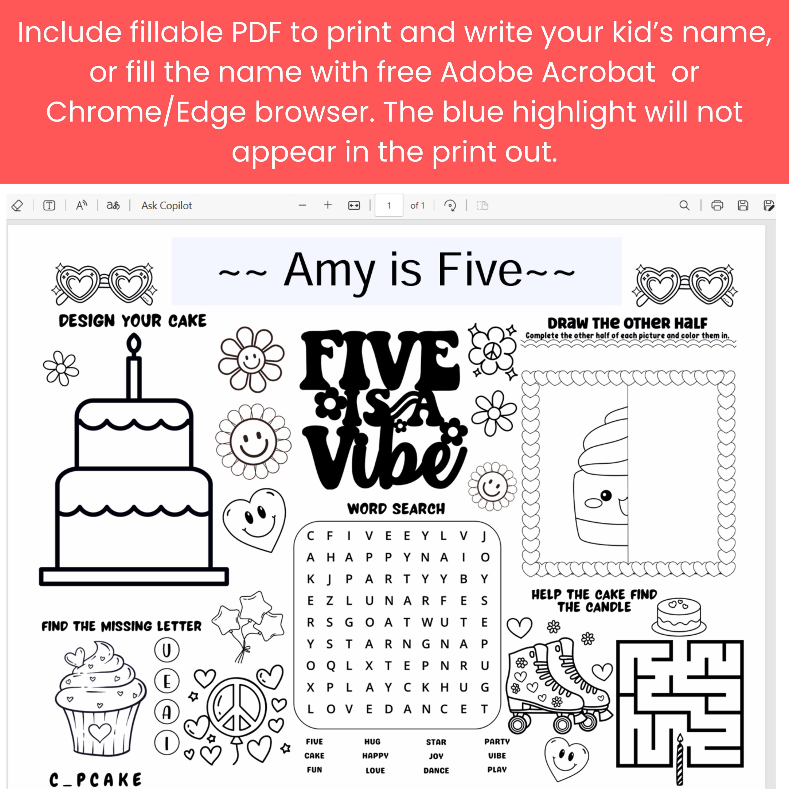 Five is a Vibe Coloring Page, Printable 5 Year Old Birthday Activity ...