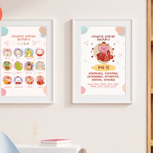 Year of Pig and 12 Chinese Zodiac Animals Signs, Set of 2 Adorable Colorful Printable Wall Art Wall Decor for Children&#39;s Rooms Baby Gift
