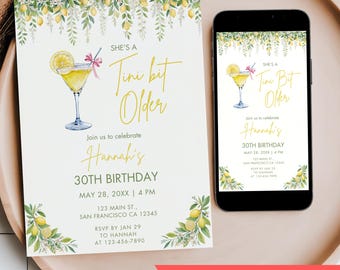 A Tini Bit Older Lemon Drop Birthday Invite Editable, Pink Coquette Bow Martini Invitation, A Drop Older Digital Mobile Phone Text Invite
