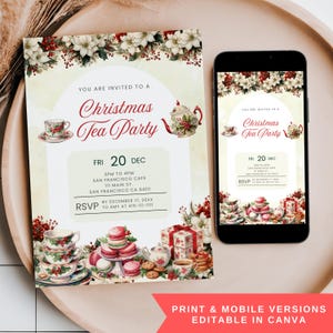 Puede incluir: Una invitación a una Christmas Tea Party con ilustraciones florales y temáticas de té. La invitación incluye el texto "Christmas Tea Party", fecha, hora, lugar e información de RSVP. Un smartphone muestra la invitación.