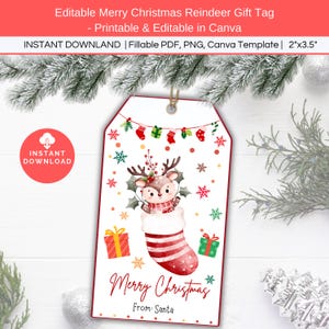 Printable Reindeer Gift Tags, Editable Christmas Treat Tags, Merry Christmas Tags, Christmas Party Favor Tag, Personalized Holiday Gift Tags
