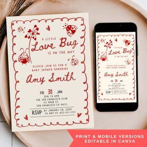 Puede incluir: Una invitación para baby shower con fondo crema y detalles en rojo. El texto dice "A Little Love Bug is on the Way" con ilustraciones de mariquitas. Incluye detalles del evento e información de RSVP. Se muestra una versión móvil.