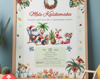 Hawaiian Christmas Party Invitation Sign, Editable Tropical Luau Xmas Holiday Party Flyer, Mele Kalikimaka Christmas In Summer Signage Decor
