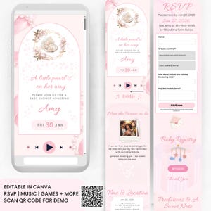 May include: A digital baby shower invitation on a smartphone screen, featuring a pink and white design with floral accents. The invitation includes text, "A little pearl is on her way," and RSVP details.