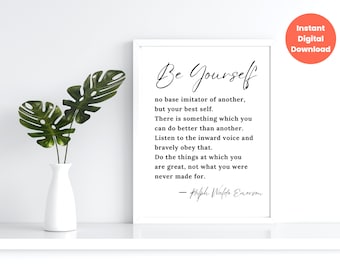 Be Yourself by Ralph Waldo Emerson Motivational Quote Printable Wall Art for Home, Downloadable Inspirational Minimalist Black & White Print