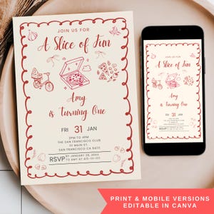May include: A birthday party invitation with a pizza theme. The invitation features the text "A Slice of Fun" and "Amy is turning One." The design includes pizza slices, a pizza box, and a bicycle. The invitation is on a cream background with a red border.
