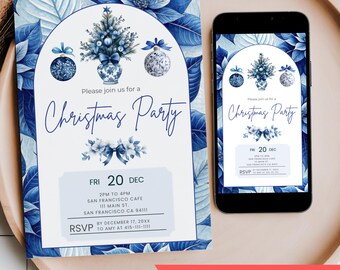 Ginger Jar Christmas Invite, Chinoiserie grandmillennial Winter Holiday Party Invitation, Editable  Dinner Mobile Phone Text Digital Invite