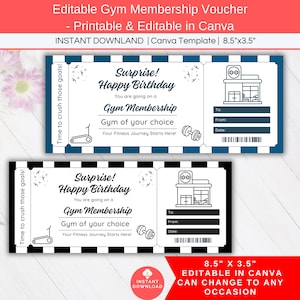 Puede incluir: Dos vales de membresía de gimnasio con un diseño azul y blanco. Los vales dicen "¡Sorpresa! Feliz cumpleaños" e incluyen espacio para el destinatario y la fecha. También se incluye el texto "¡Tu viaje de fitness comienza aquí!"