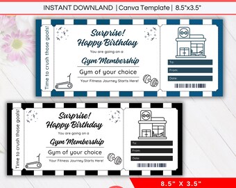 Plantilla de cupón de regalo para membresía de gimnasio, certificado de regalo editable para clases de fitness y suscripción sorpresa de cumpleaños, pase de entrenamiento