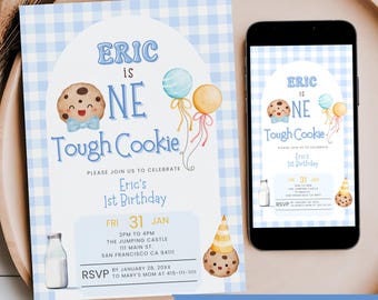 One Tough Cookie Birthday Boy Invitation, Editable Milk and Cookie Party, Blue Watercolor Gingham Turning 1 Party Mobile Phone Text Invite