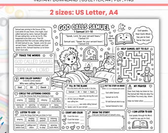God Call Samuel Activity Placemat Coloring Sheet Printable, Christian Kids Sunday School Homeschool Church Bible Story Lesson 1 Samuel 3:10