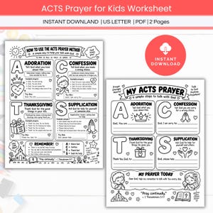 Puede incluir: Una hoja de trabajo en blanco y negro de dos páginas titulada ACTS Prayer for Kids. Las páginas incluyen ilustraciones de una corona, un corazón, un regalo y manos en oración, con texto que explica el método de Adoración, Confesión, Acción de Gracias y Súplica.