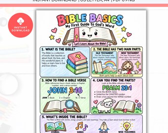 Bible Basics for Kids Worksheet Printable, Sunday School Coloring Activity, Beginner Bible Study Homeschool Church VBS Activity For Kids