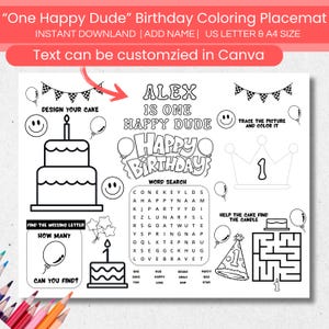 One Happy Dude Coloring Page Activity Placemat, Editable Happy Dude 1st Birthday Party Coloring Sheet, Printable Smiley Face Coloring Page