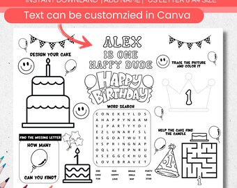 One Happy Dude Coloring Page Activity Placemat, Editable Happy Dude 1st Birthday Party Coloring Sheet, Printable Smiley Face Coloring Page