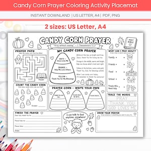 Può includere: Una tovaglietta attività da colorare in bianco e nero intitolata Candy Corn Prayer che include un labirinto, esercizi di conteggio, spazi per scrivere e illustrazioni di caramelle, una zucca e una Bibbia con testo in inglese.