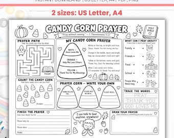 Candy Corn Prayer Activity Placemat Coloring Sheet Printable, Halloween Thanksgiving Fall Sunday School Christian Homeschool Church Craft