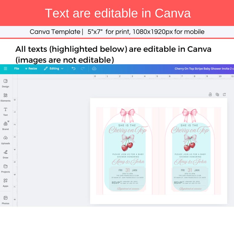 She is the Cherry on Top Baby Shower Invitation, Editable Pink Coquette Bow Theme Girl Baby Shower Mobile Phone Text Digital Party Invite