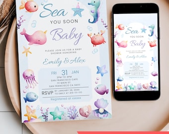 Sea You Soon Baby Shower Invite, Editable Coastal Theme Invitation, Summer Beach Nautical Seashell Mobile Phone Text Digital Party Invite
