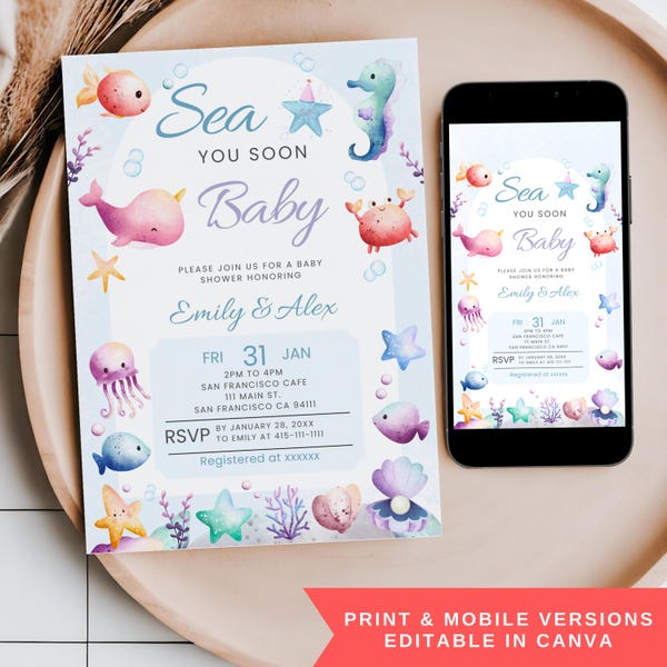 Sea You Soon Baby Shower Invite, Editable Coastal Theme Invitation, Summer Beach Nautical Seashell Mobile Phone Text Digital Party Invite