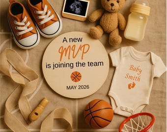 Basketball Pregnancy Announcement Digital, Editable Sports Theme New MVP Gender Neutral Social Media Boy Girl Baby Reveal Canva Template