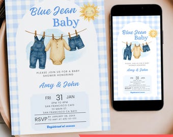 Invitación para baby shower con diseño de jeans azules, invitación editable para baby shower de niño con diseño de overol de mezclilla a cuadros azules, invitación digital editable para mensajes de texto de celular.