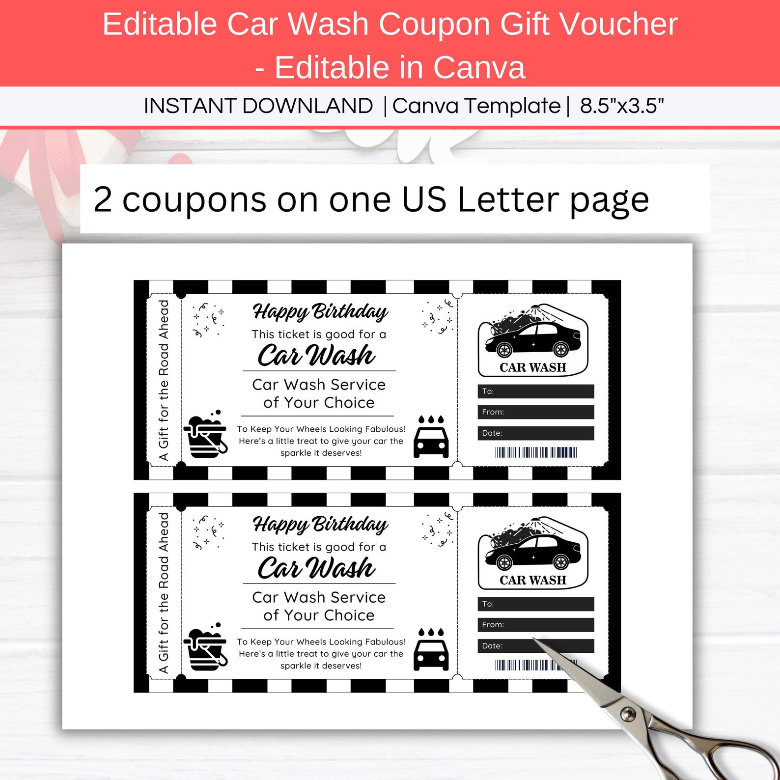 Car Wash Coupon, Editable Car Detailing Voucher Gift Certificate
