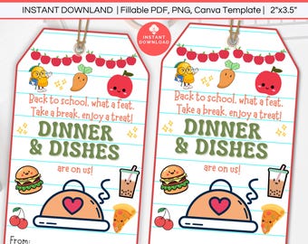 Dinner and Dishes On Us Teacher Gift Tag Printable, Editable First Day of School Back to School Teacher Staff Appreciation Meal Gift Tag