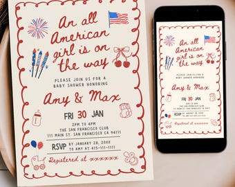 All American Girl Baby Shower Invitation, Editable 4th of July Summer Red White Blue Party, Patriotic USA Mobile Phone Text Invite Template