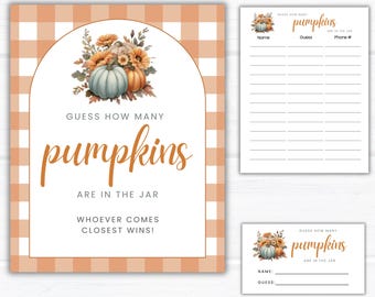 Guess How Many Pumpkins in the Jar Game Printable Sign, Answer Card, Tracking Sheet, Editable Fall Gender Neutral Baby Shower Counting Game