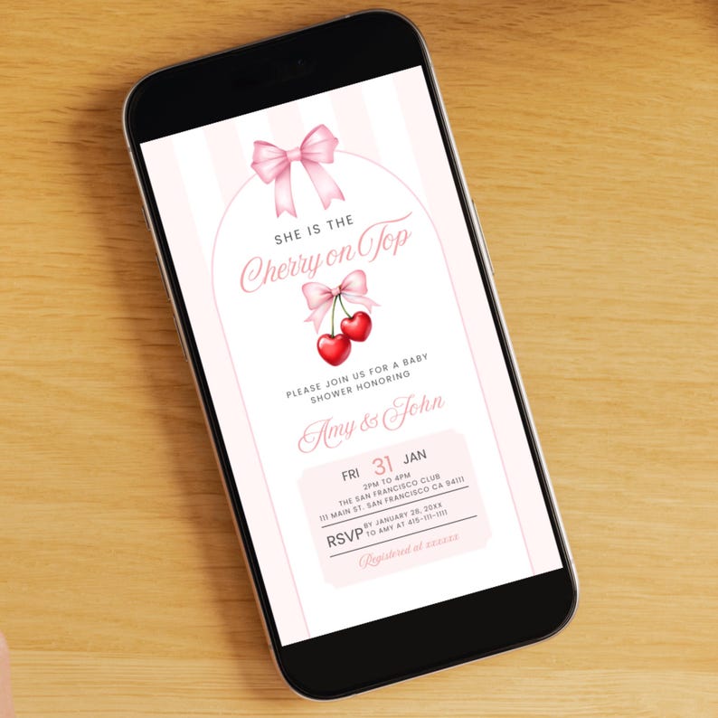 She is the Cherry on Top Baby Shower Invitation, Editable Pink Coquette Bow Theme Girl Baby Shower Mobile Phone Text Digital Party Invite