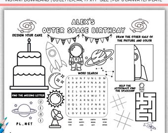 Outer Space Birthday Coloring Placemat, Editable Space Birthday Party Coloring Sheet, Planet Spaceship Astronaut Kid Party Activity Favor