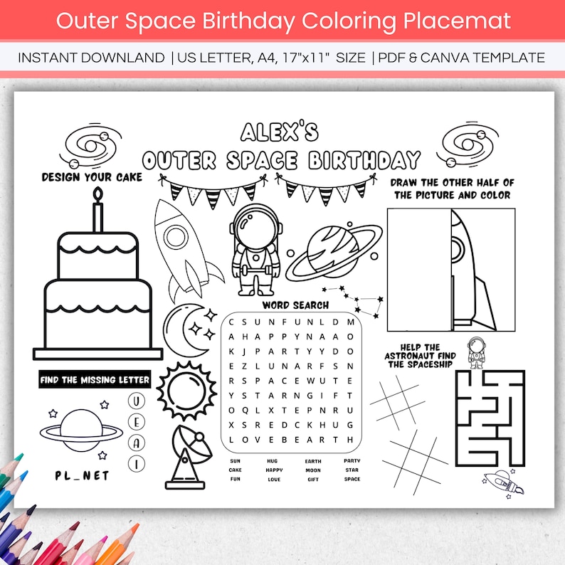 Outer Space Birthday Coloring Placemat, Editable Space Birthday Party ...