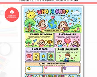 Who Is God Worksheet Printable, Sunday School Kids Coloring Activity, VBS Christian Homeschool Bible Study, God's Love and Attributes Lesson
