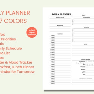 Daily Planner Printable in 7 Colors, Hourly Scheudle, to Do List, Water ...