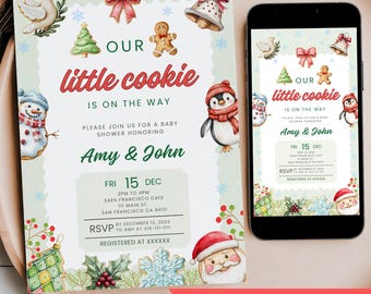 Our Little Cookie Is On The Way Baby Shower Invite, Editable Gingerbread Christmas Gender Neutral Winter Shower Mobile Phone Text Invite