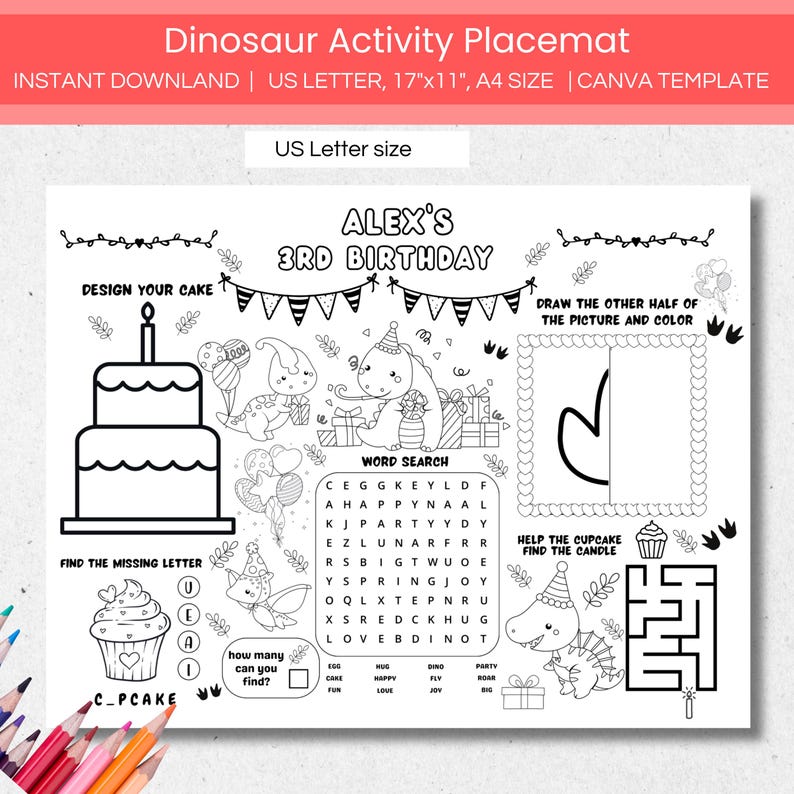 Dinosaur Birthday Placemat Activity Sheet, Editable Dino Kids Birthday ...