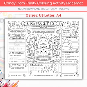 Puede incluir: Un mantel individual de actividades para colorear en blanco y negro titulado Candy Corn Trinity con textos religiosos, ilustraciones de niños, un personaje de maíz dulce, un libro abierto, calabazas y secciones para trazar y contar.